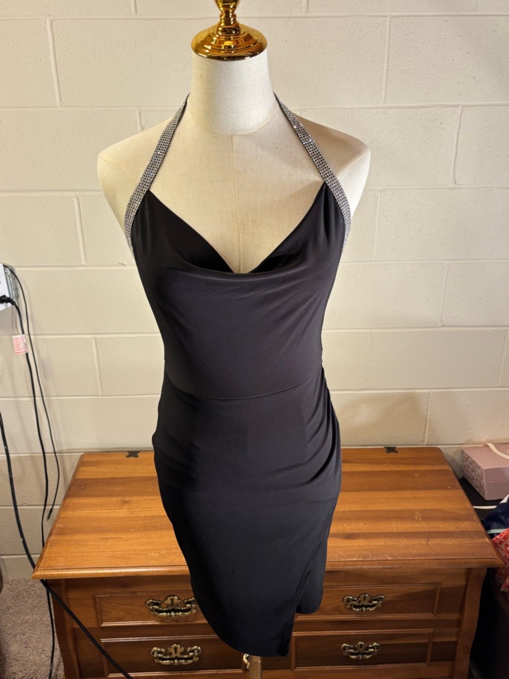 Speechless Black Halter Mini Dress with Rhinestone Straps